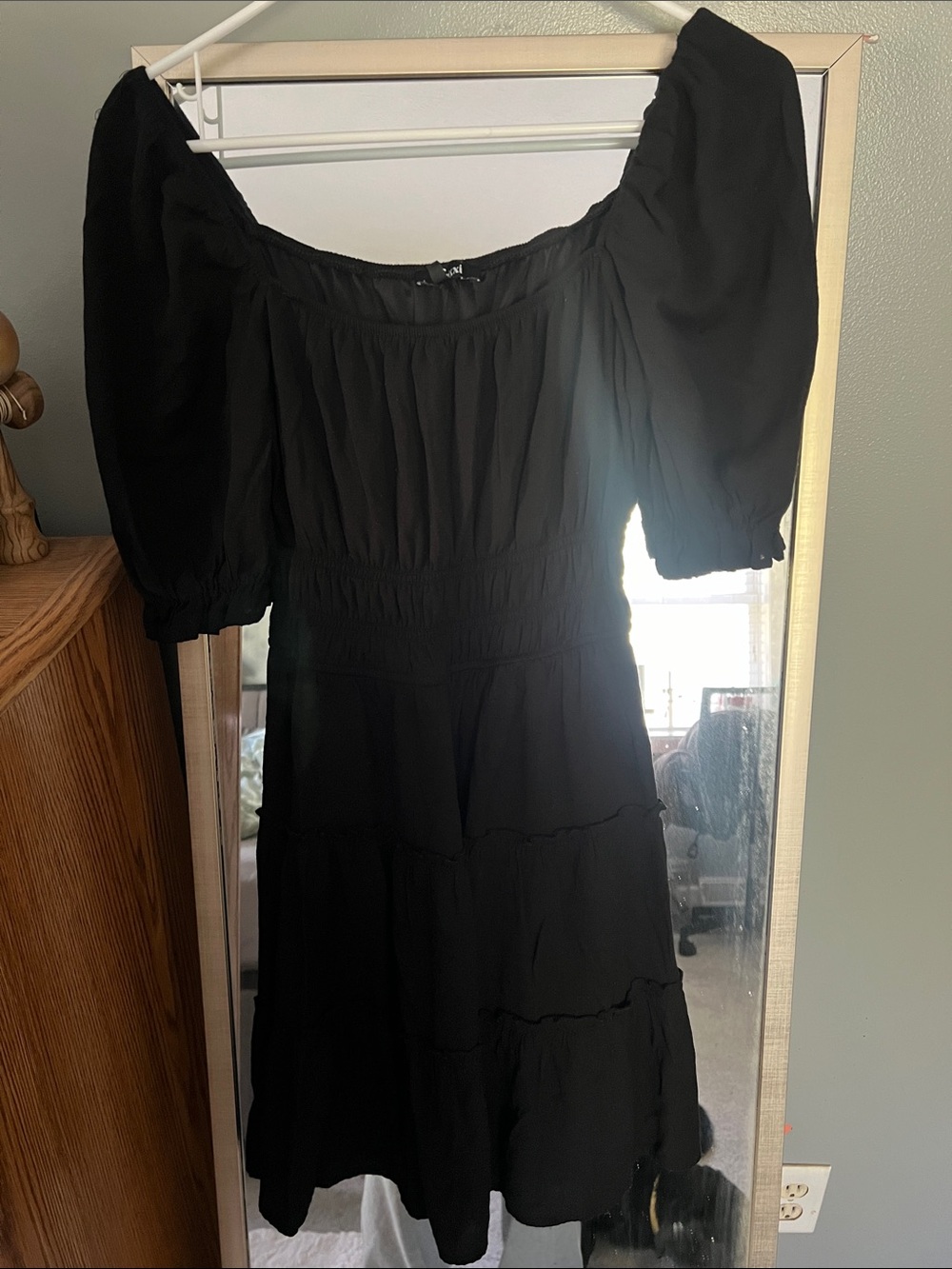 Smocked Waist Black Puff-Sleeve Mini Dress